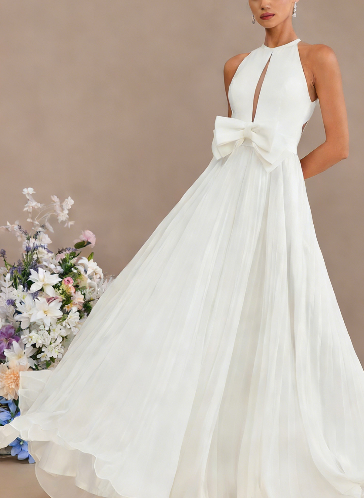 A-Line Cowl Neck Sleeveless Sweep Train Chiffon With Bow(s)/Pockets Wedding Dress