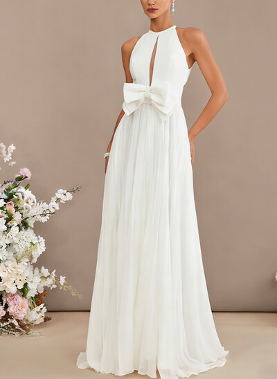 A-Line Cowl Neck Sleeveless Sweep Train Chiffon With Bow(s)/Pockets Wedding Dress