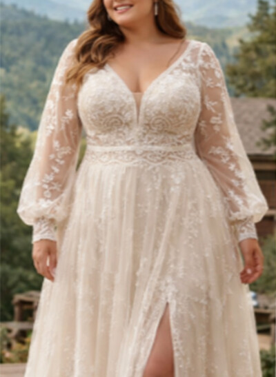 Elegant V-Neck Long Sleeves High Split A-Line Sweep Train Lace Wedding Dresses