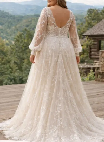 Elegant V-Neck Long Sleeves High Split A-Line Sweep Train Lace Wedding Dresses