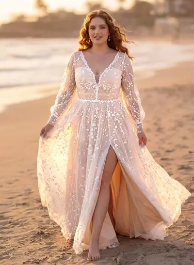 Elegant V-Neck Long Sleeves High Split A-Line Sweep Train Lace Wedding Dresses
