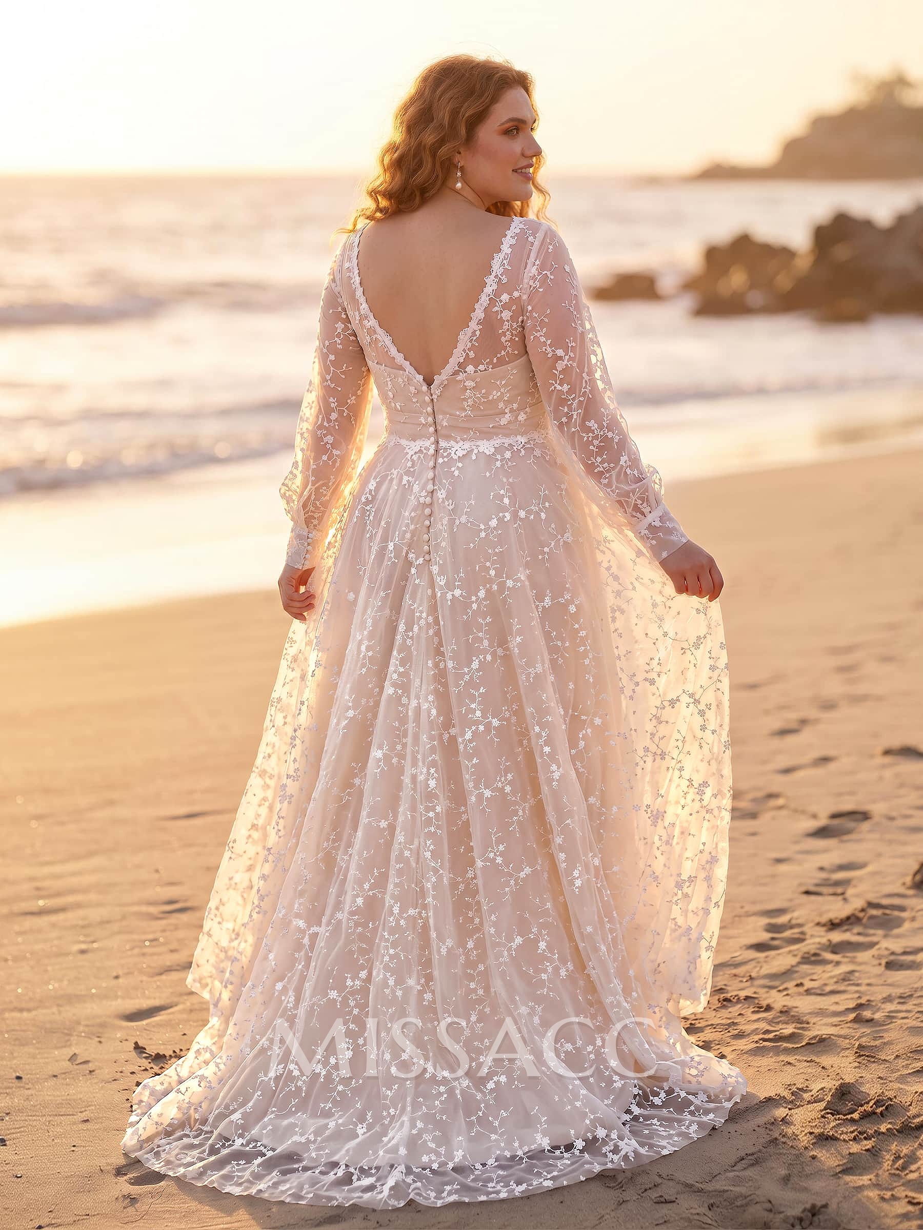 Elegant V-Neck Long Sleeves High Split A-Line Sweep Train Lace Wedding Dresses