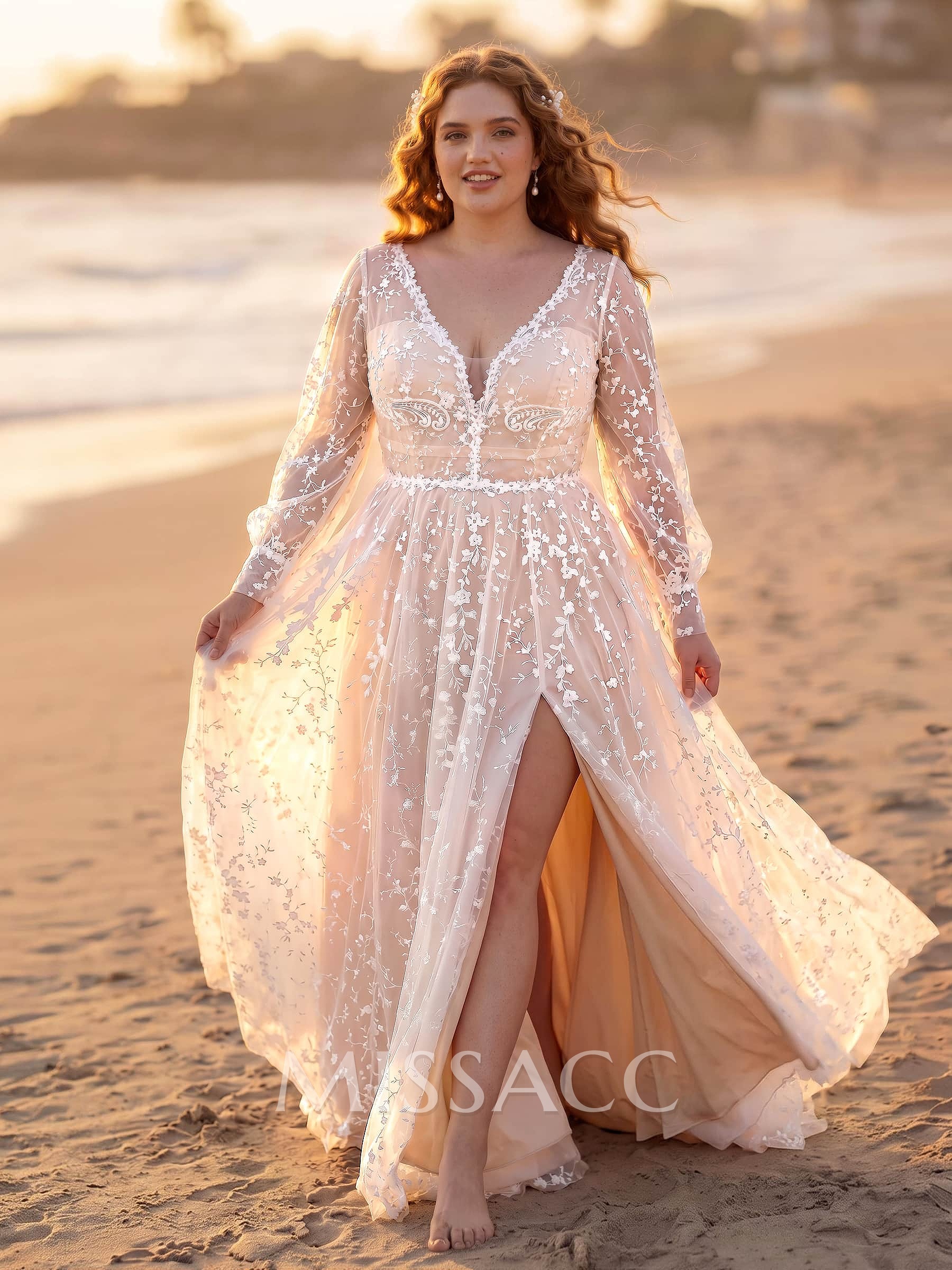 Elegant V-Neck Long Sleeves High Split A-Line Sweep Train Lace Wedding Dresses