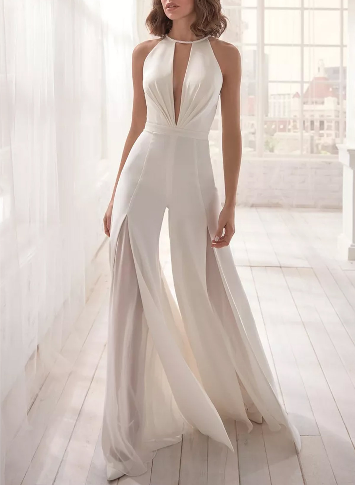 Jumpsuit/Pantsuit Halter Sleeveless Floor-Length Chiffon/Elastic Satin Wedding Dresses With Lace