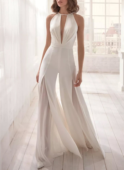 Jumpsuit/Pantsuit Halter Sleeveless Floor-Length Chiffon/Elastic Satin Wedding Dresses With Lace