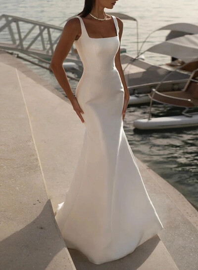 Elegant Square Neckline Sleeveless Mermaid Sweep Train Satin Wedding Dresses