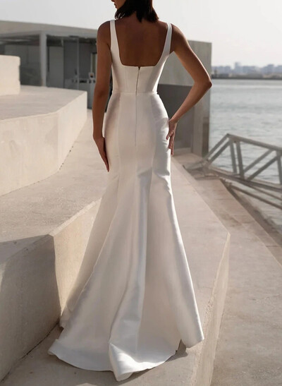 Elegant Square Neckline Sleeveless Mermaid Sweep Train Satin Wedding Dresses