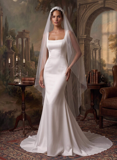 Elegant Square Neckline Sleeveless Mermaid Sweep Train Satin Wedding Dresses