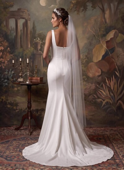 Elegant Square Neckline Sleeveless Mermaid Sweep Train Satin Wedding Dresses