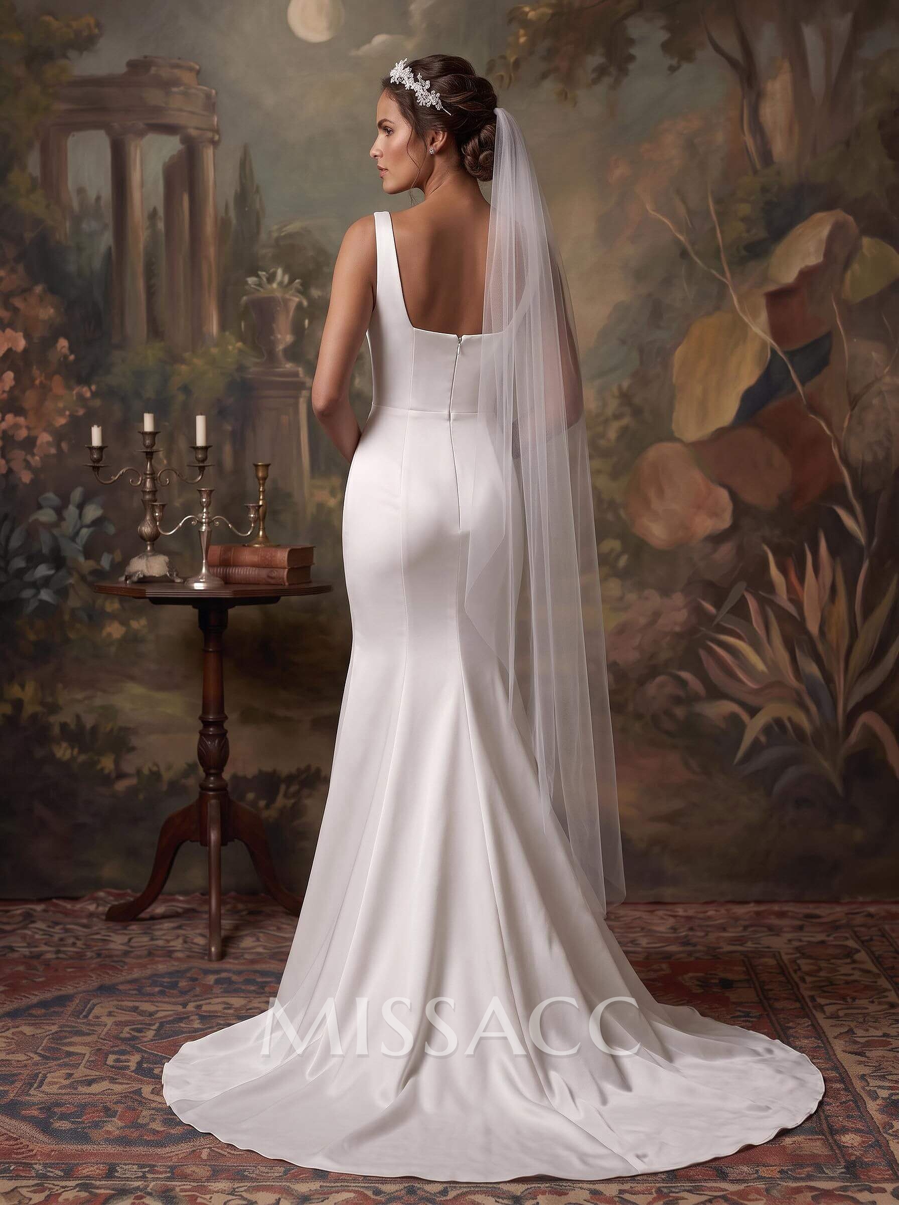 Elegant Square Neckline Sleeveless Mermaid Sweep Train Satin Wedding Dresses