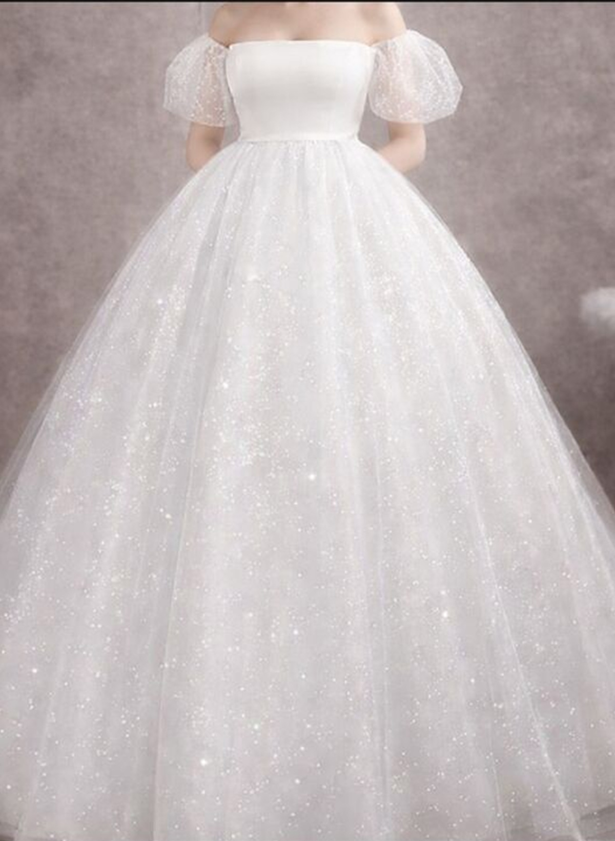 Sparkle & Shine Off-The-Shoulder Short Sleeves Ball-Gown Floor-Length Satin/Tulle Wedding Dresses