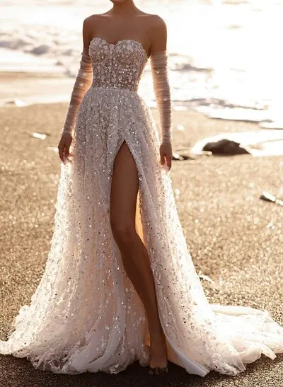A-Line Sweetheart Detachable Sleeves Court Train Lace Wedding Dresses With Appliques Lace/High Split