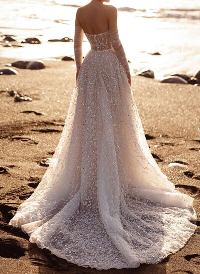 A-Line Sweetheart Detachable Sleeves Court Train Lace Wedding Dresses With Appliques Lace/High Split