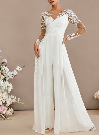 Jumpsuit/Pantsuit Sweetheart Long Sleeves Floor-Length Bride Wedding Dress With Lace