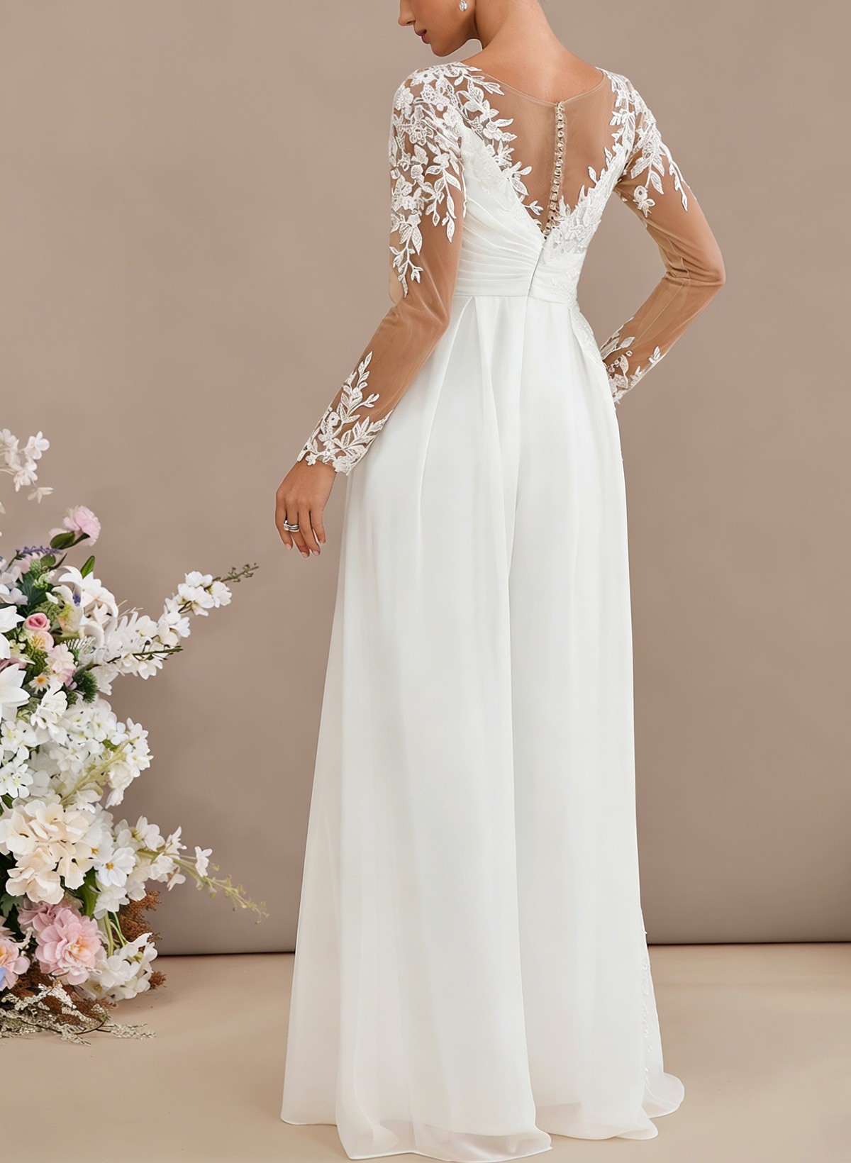 Jumpsuit/Pantsuit Sweetheart Long Sleeves Floor-Length Bride Wedding Dress With Lace