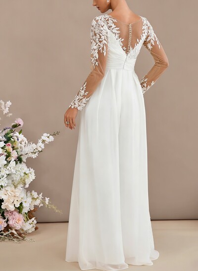 Jumpsuit/Pantsuit Sweetheart Long Sleeves Floor-Length Bride Wedding Dress With Lace