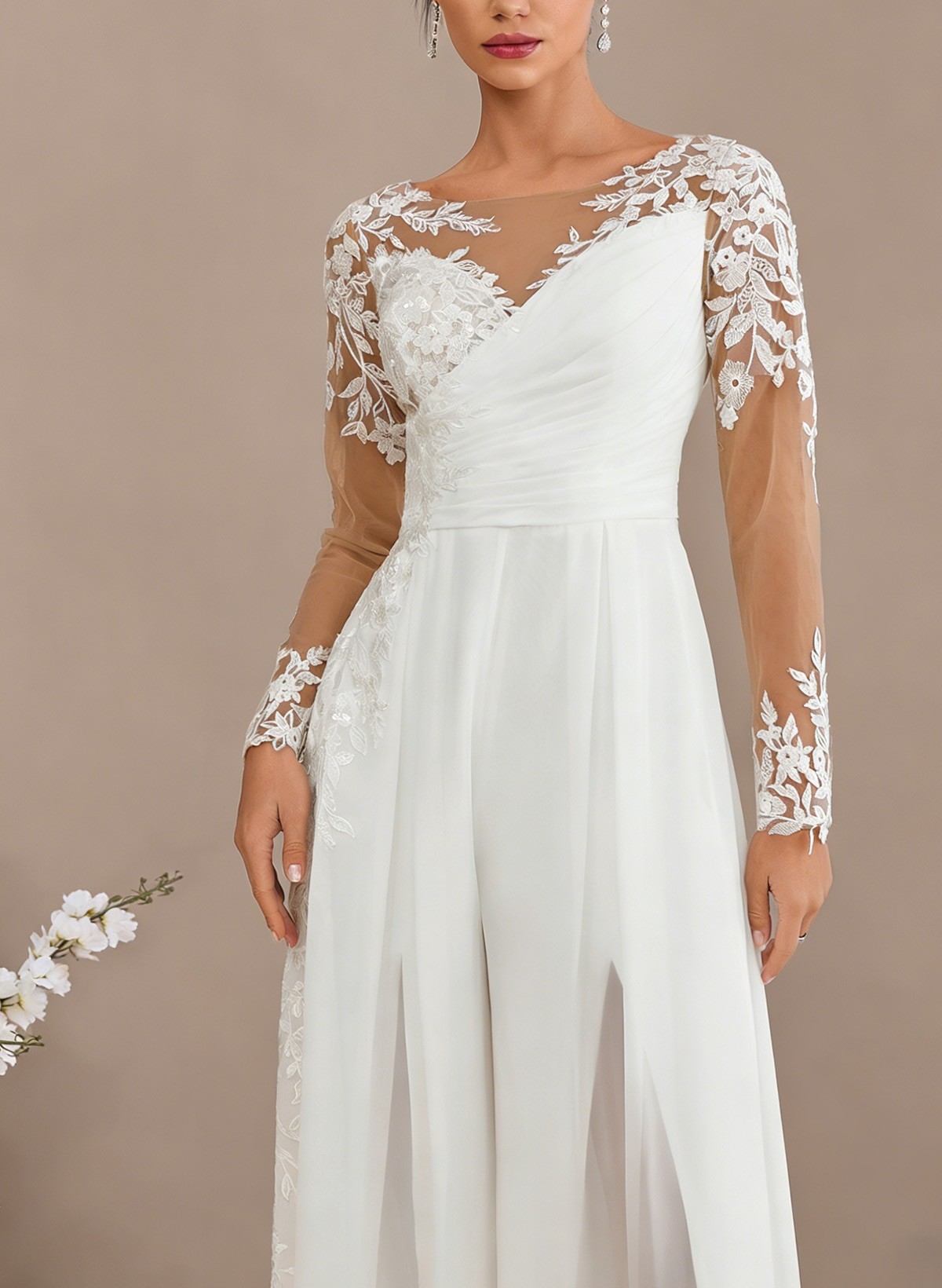 Jumpsuit/Pantsuit Sweetheart Long Sleeves Floor-Length Bride Wedding Dress With Lace