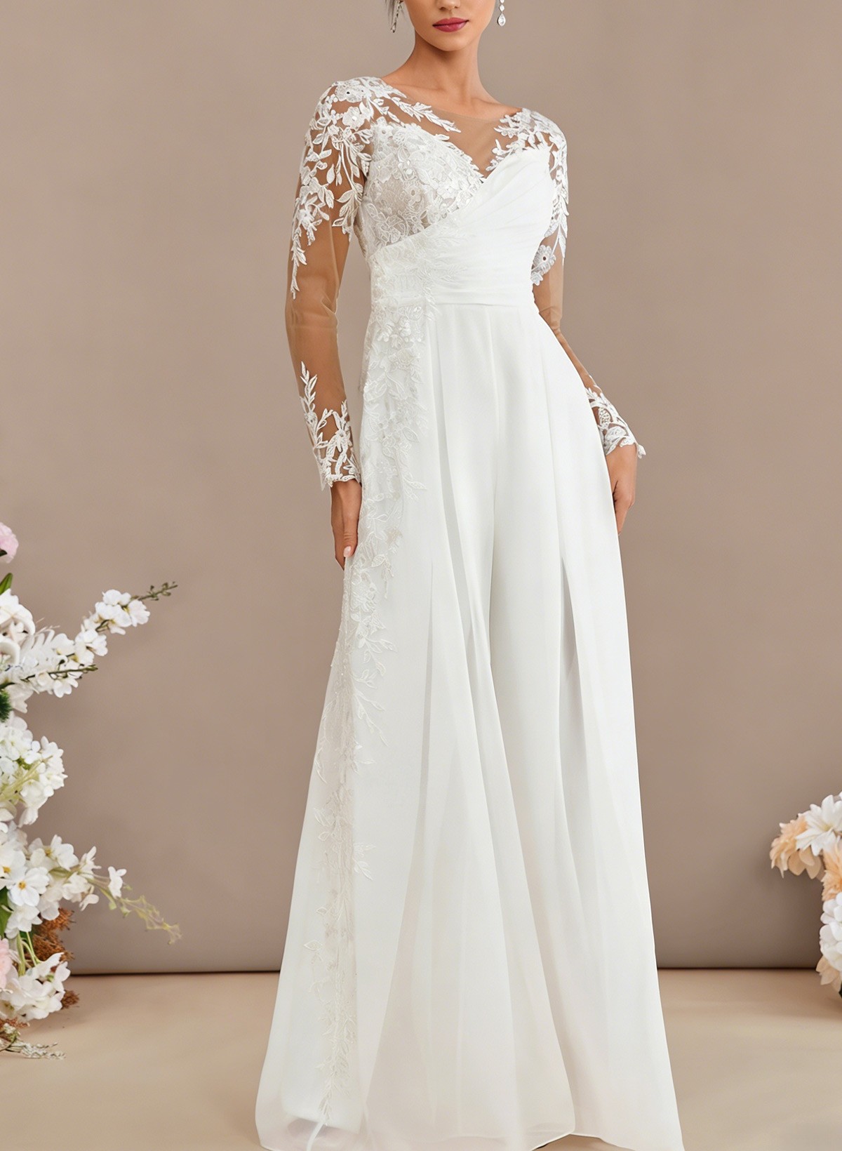 Jumpsuit/Pantsuit Sweetheart Long Sleeves Floor-Length Bride Wedding Dress With Lace