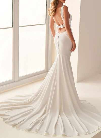 Trumpet/Mermaid Square Neckline Sleeveless Court Train Crepe Satin Wedding Dresses With Bow(s)