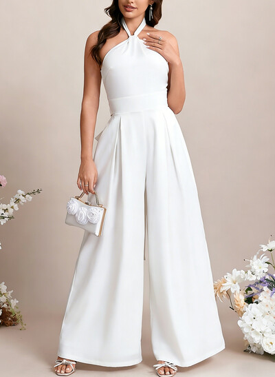 Jumpsuit/Pantsuit Halter Sleeveless Floor-Length Elastic Satin With Bow Bride Wedding Dress