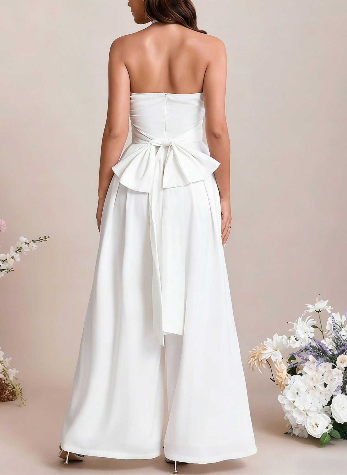 Jumpsuit/Pantsuit Halter Sleeveless Floor-Length Elastic Satin With Bow Bride Wedding Dress