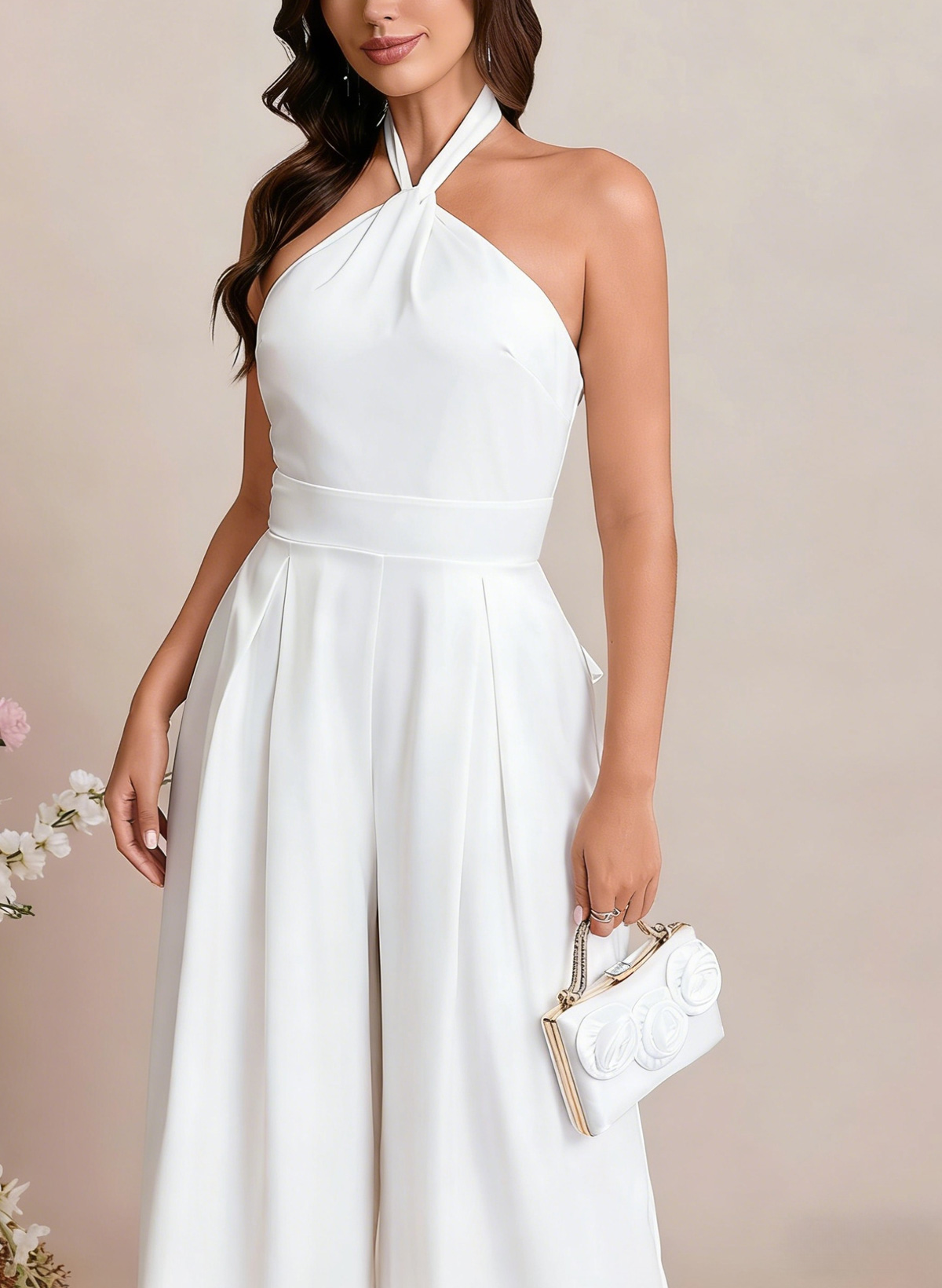 Jumpsuit/Pantsuit Halter Sleeveless Floor-Length Elastic Satin With Bow Bride Wedding Dress