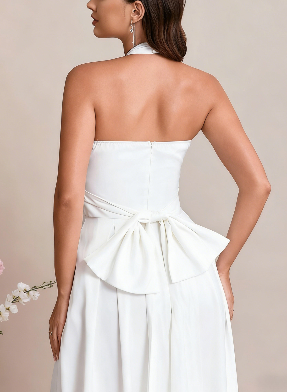 Jumpsuit/Pantsuit Halter Sleeveless Floor-Length Elastic Satin With Bow Bride Wedding Dress