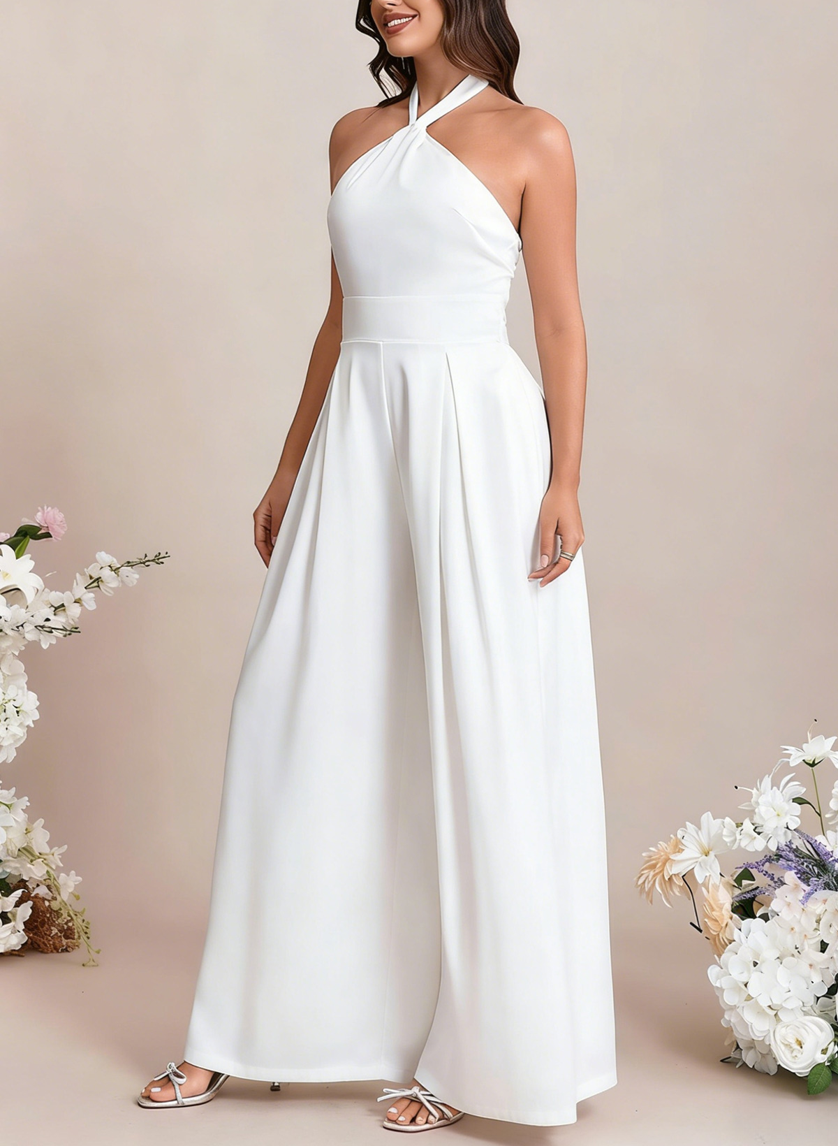 Jumpsuit/Pantsuit Halter Sleeveless Floor-Length Elastic Satin With Bow Bride Wedding Dress