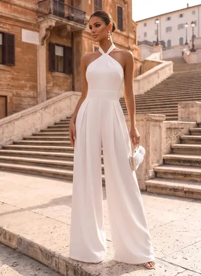 Jumpsuit/Pantsuit Halter Sleeveless Floor-Length Elastic Satin With Bow Bride Wedding Dress