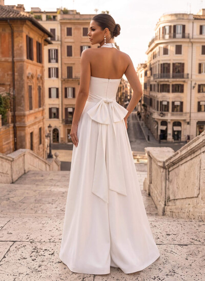 Jumpsuit/Pantsuit Halter Sleeveless Floor-Length Elastic Satin With Bow Bride Wedding Dress