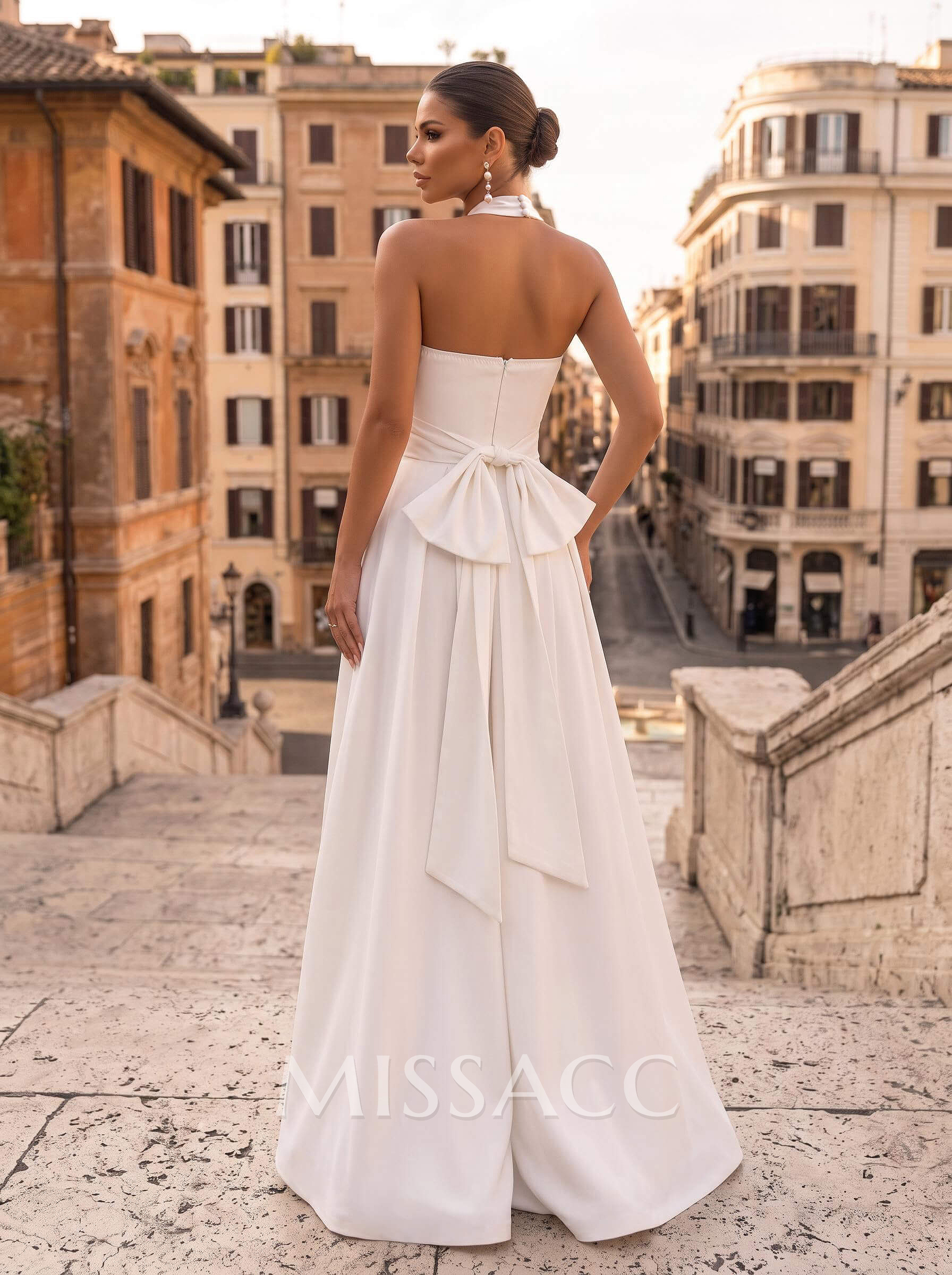 Jumpsuit/Pantsuit Halter Sleeveless Floor-Length Elastic Satin With Bow Bride Wedding Dress Jumpsuit/Pantsuit Halter Sleeveless Floor-Length Elastic Satin With Bow Bride Wedding Dress
