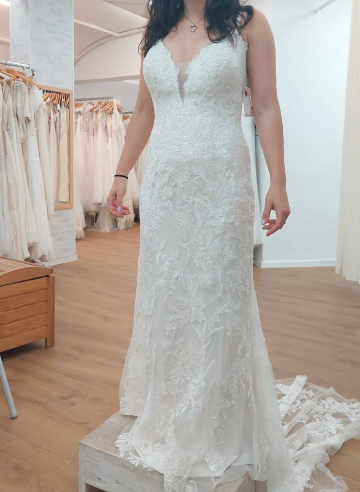 Sheath/Column Plunge Neck Chiffon/Lace Wedding Dresses With Appliques Lace