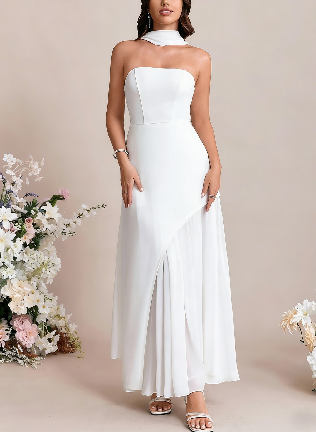 A-Line Strapless Sleeveless Floor-Length Chiffon/Elastic Satin Bride Wedding Dress