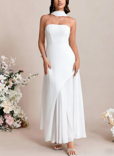 A-Line Strapless Sleeveless Floor-Length Chiffon/Elastic Satin Bride Wedding Dress