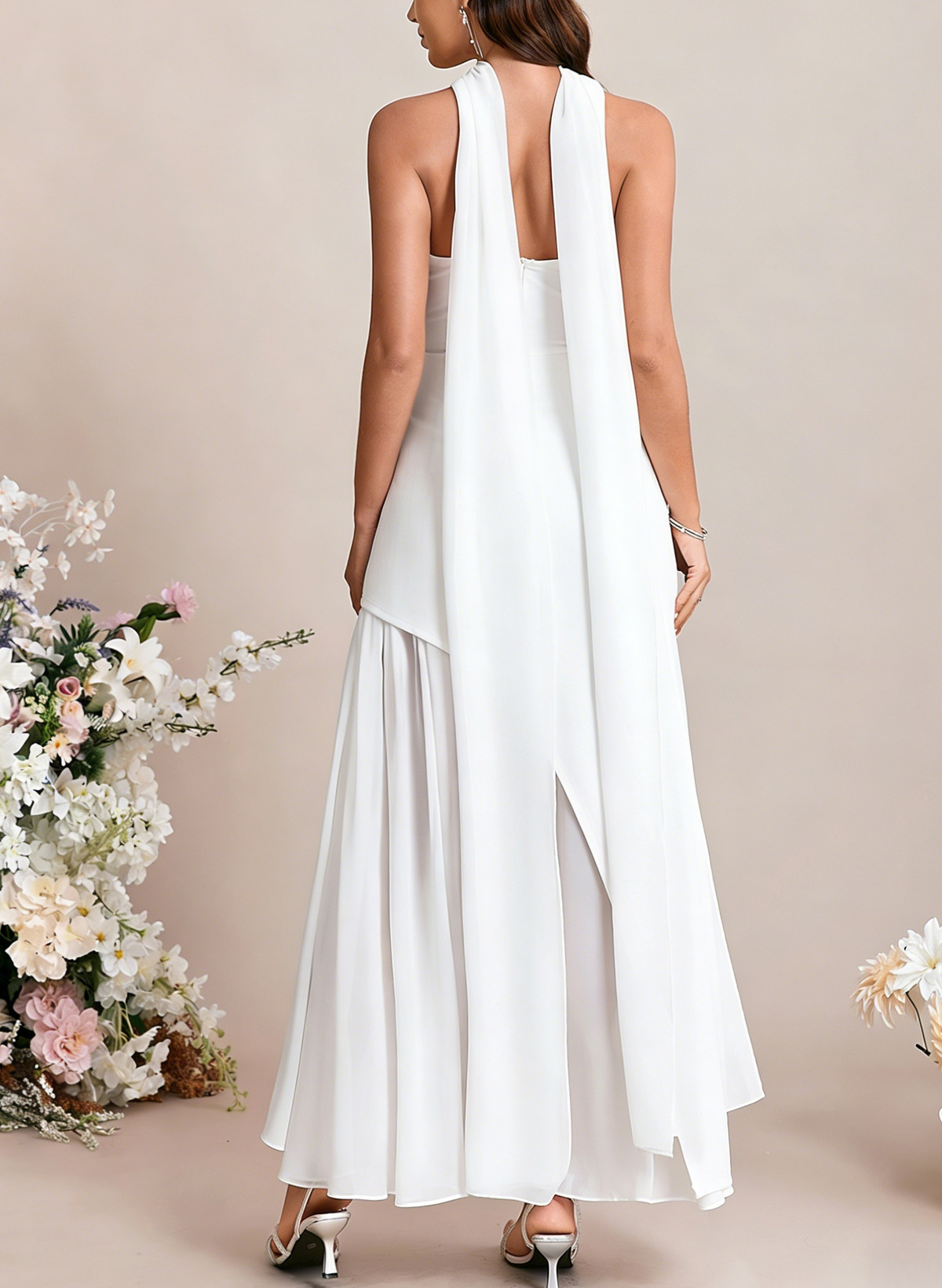 A-Line Strapless Sleeveless Floor-Length Chiffon/Elastic Satin Bride Wedding Dress