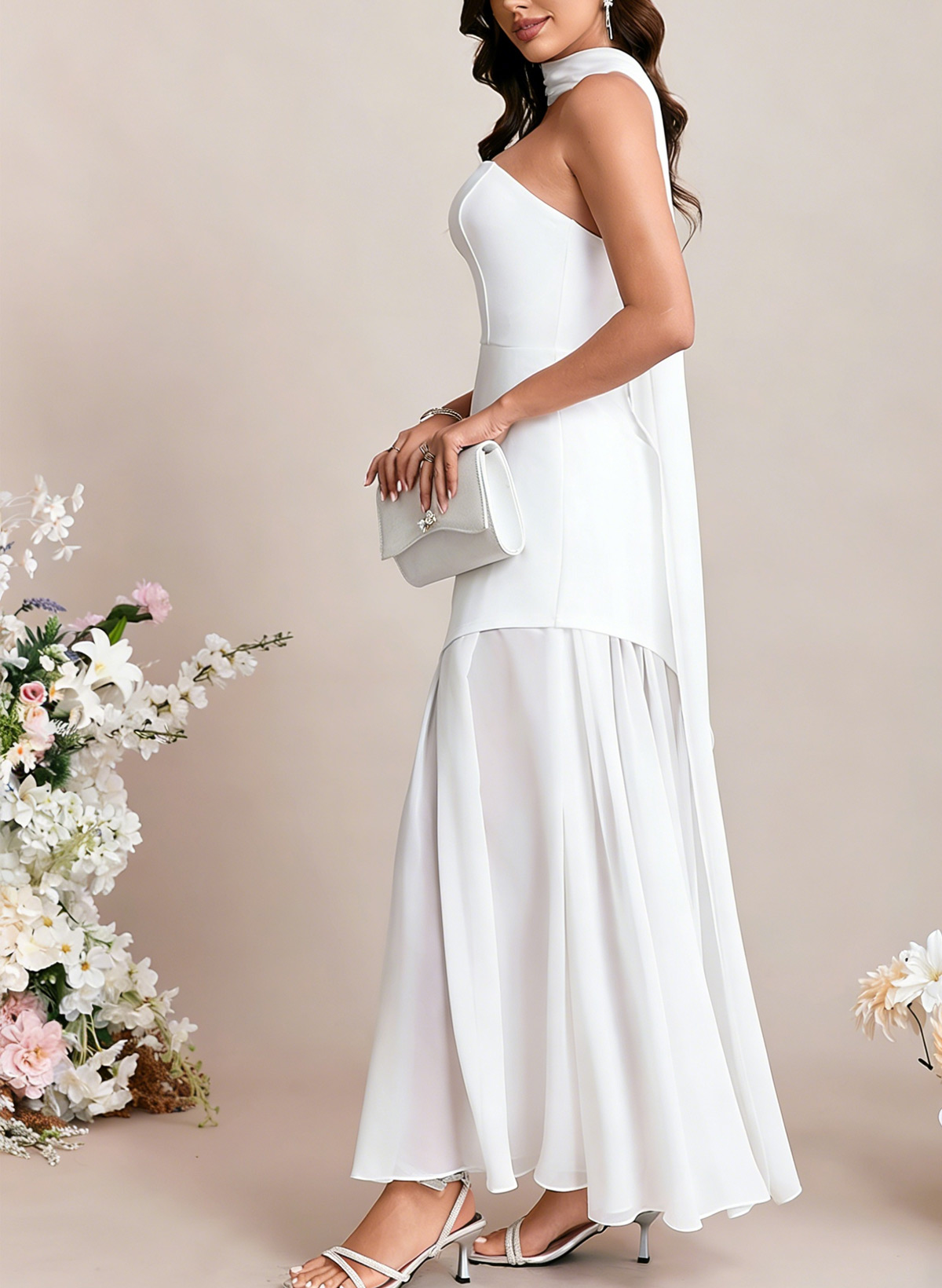 A-Line Strapless Sleeveless Floor-Length Chiffon/Elastic Satin Bride Wedding Dress