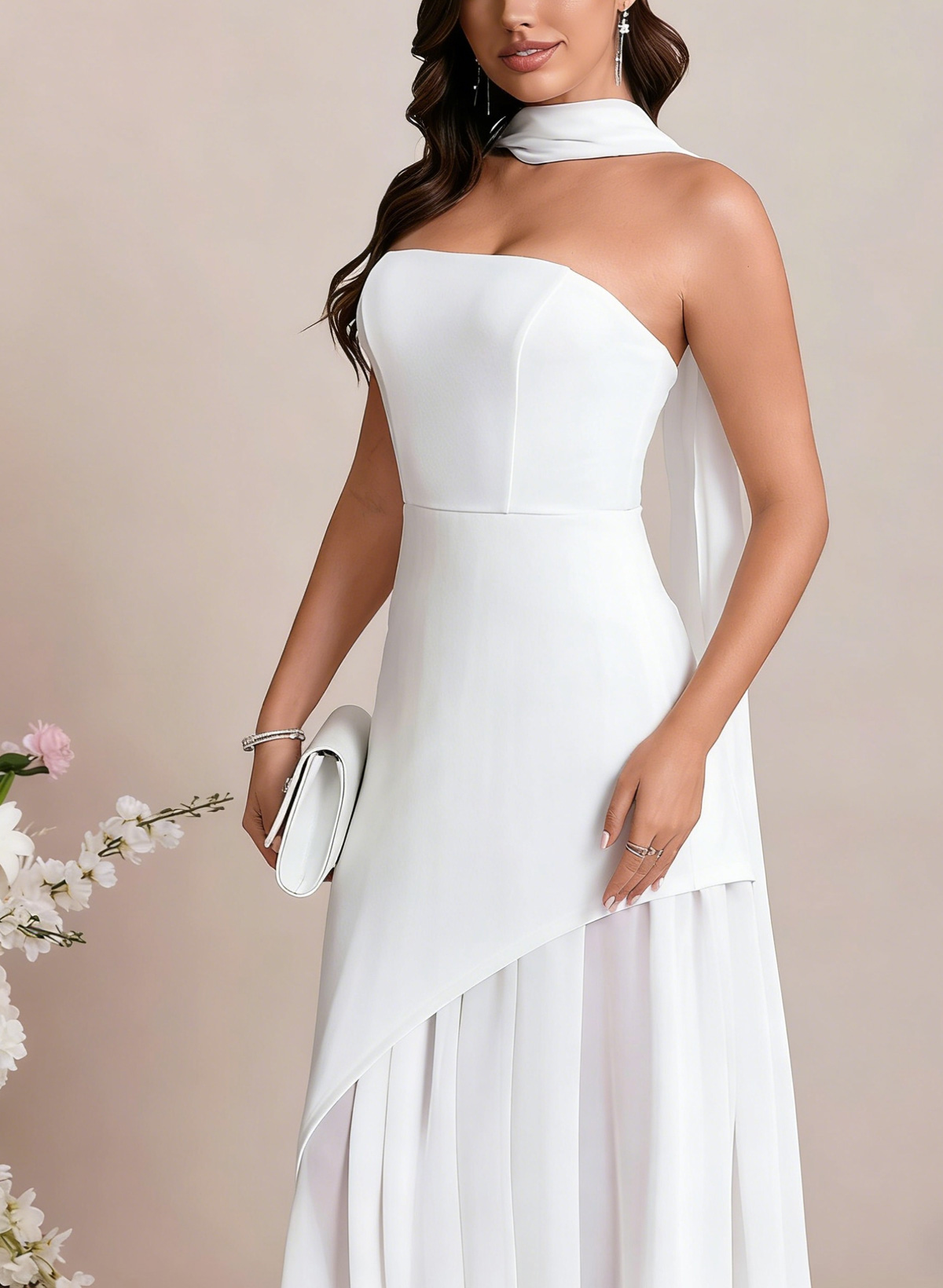 A-Line Strapless Sleeveless Floor-Length Chiffon/Elastic Satin Bride Wedding Dress