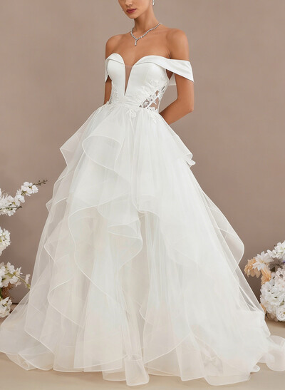 Ball-Gown Off-The-Shoulder Sleeveless Sweep Satin With Lace Flower Bride Wedding Dress