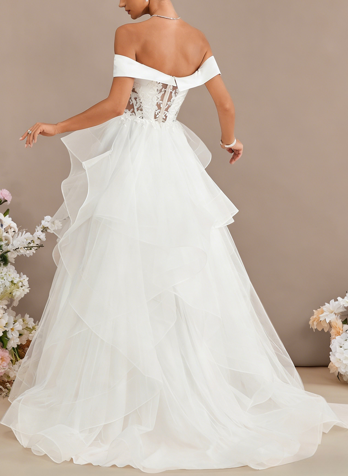 Ball-Gown Off-The-Shoulder Sleeveless Sweep Satin With Lace Flower Bride Wedding Dress