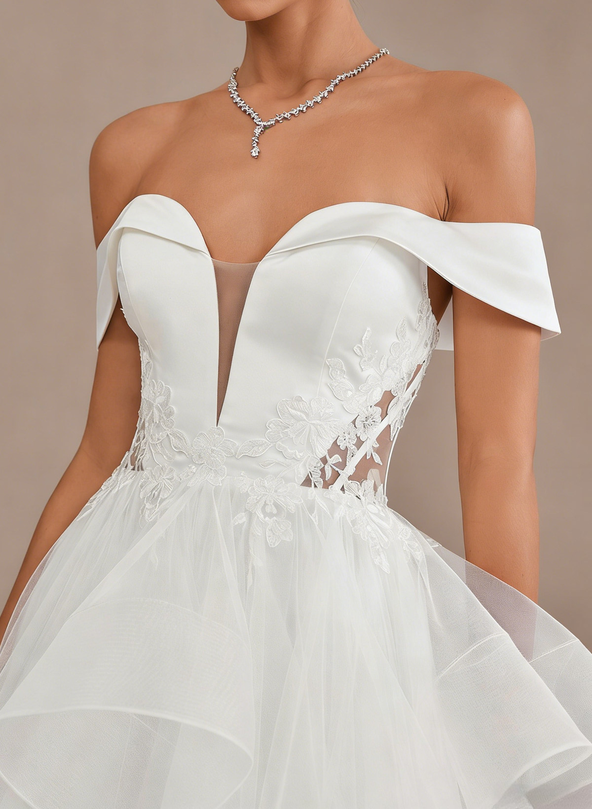 Ball-Gown Off-The-Shoulder Sleeveless Sweep Satin With Lace Flower Bride Wedding Dress