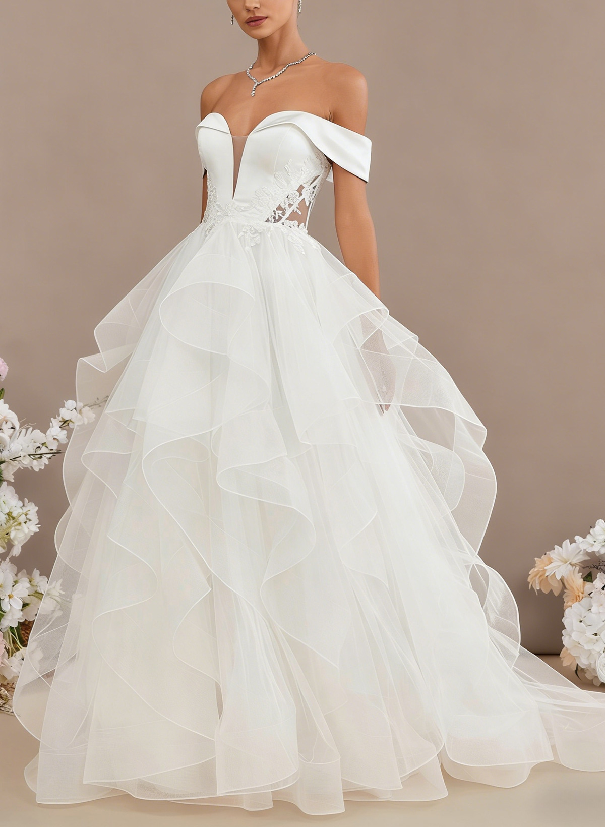 Ball-Gown Off-The-Shoulder Sleeveless Sweep Satin With Lace Flower Bride Wedding Dress