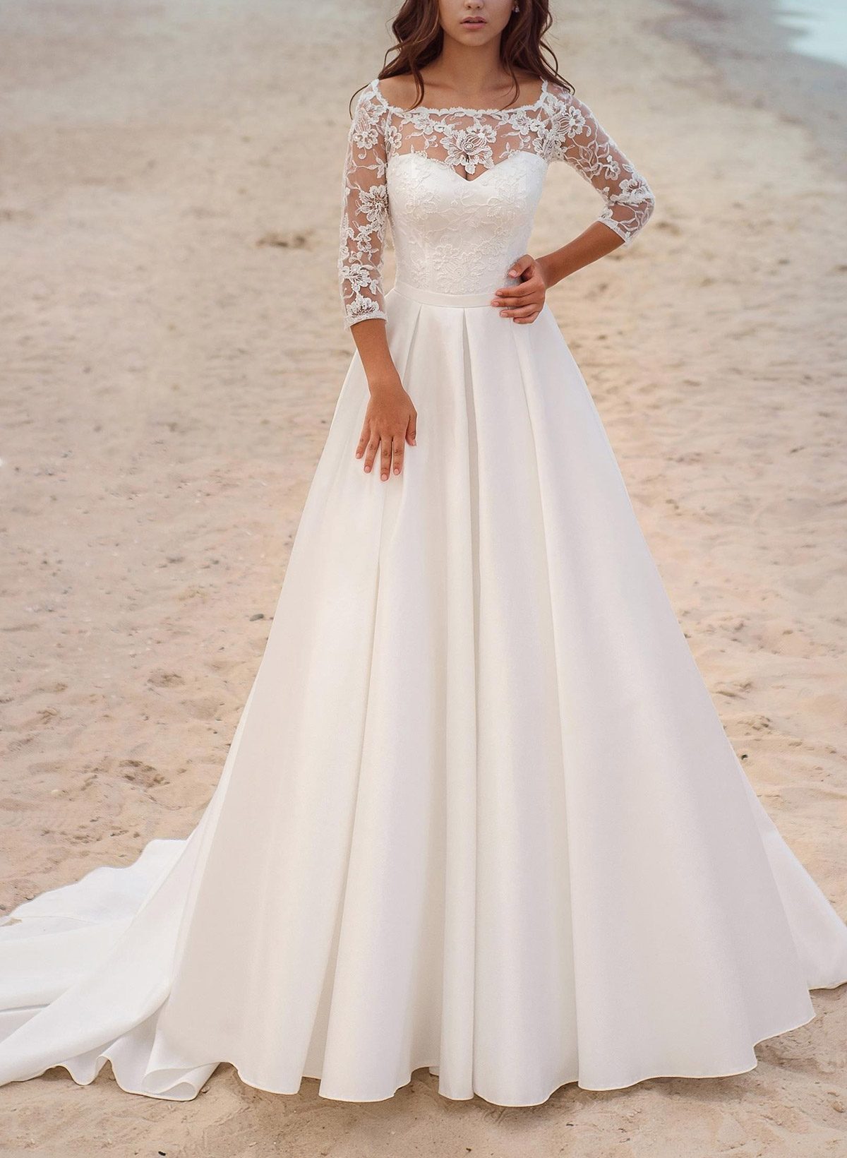 A-Line Illusion Neck 3/4 Sleeves Court Train Satin Wedding Dresses With Appliques Lace