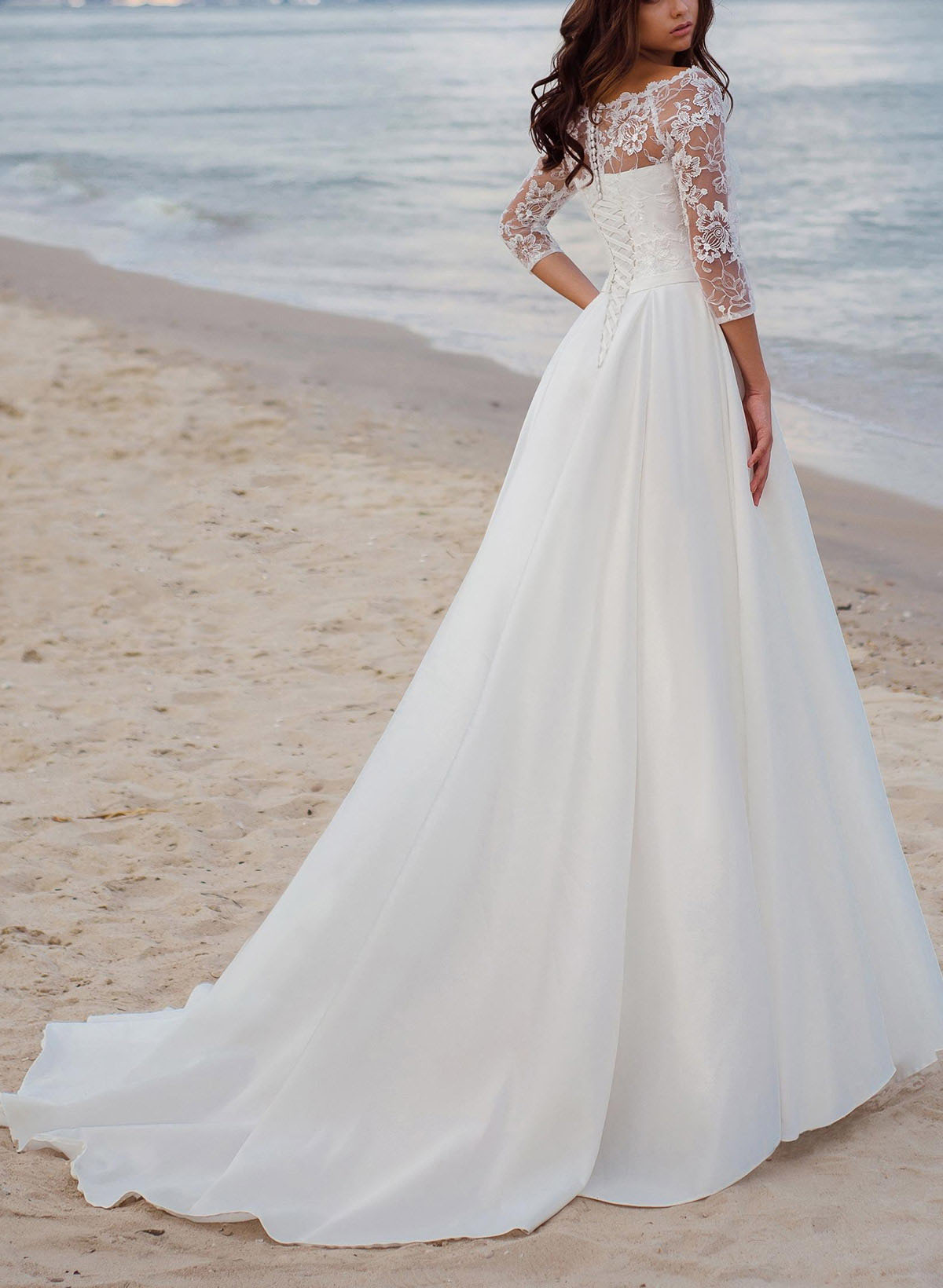 A-Line Illusion Neck 3/4 Sleeves Court Train Satin Wedding Dresses With Appliques Lace