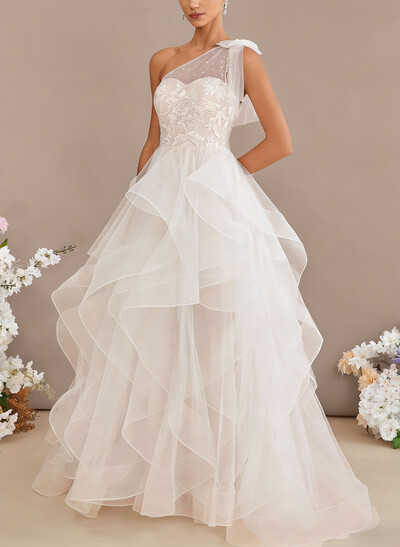 Ball-Gown One-Shoulder Sleeveless Sweep Train Lace/Satin With Beading Flower Bride Wedding Dress