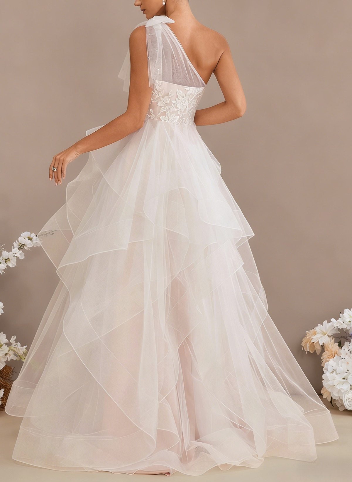 Ball-Gown One-Shoulder Sleeveless Sweep Train Lace/Satin With Beading Flower Bride Wedding Dress