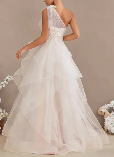 Ball-Gown One-Shoulder Sleeveless Sweep Train Lace/Satin With Beading Flower Bride Wedding Dress