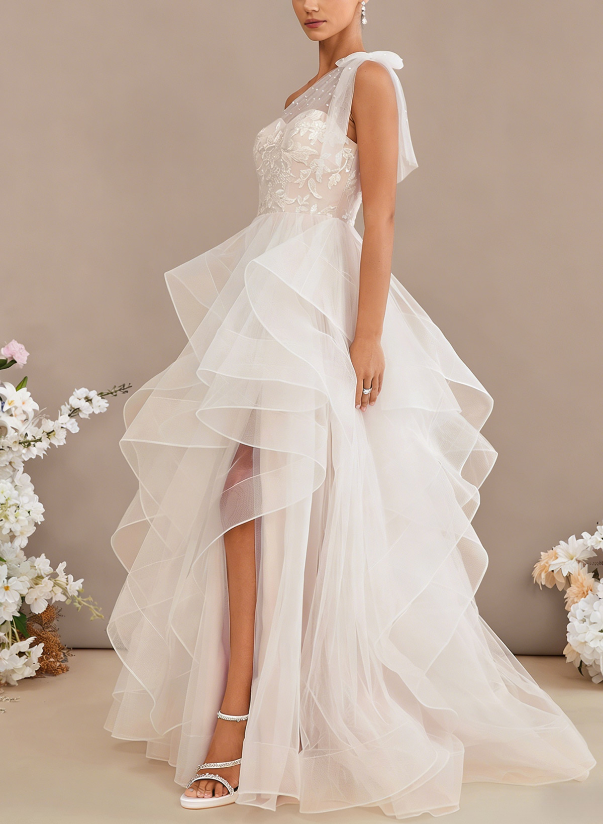 Ball-Gown One-Shoulder Sleeveless Sweep Train Lace/Satin With Beading Flower Bride Wedding Dress