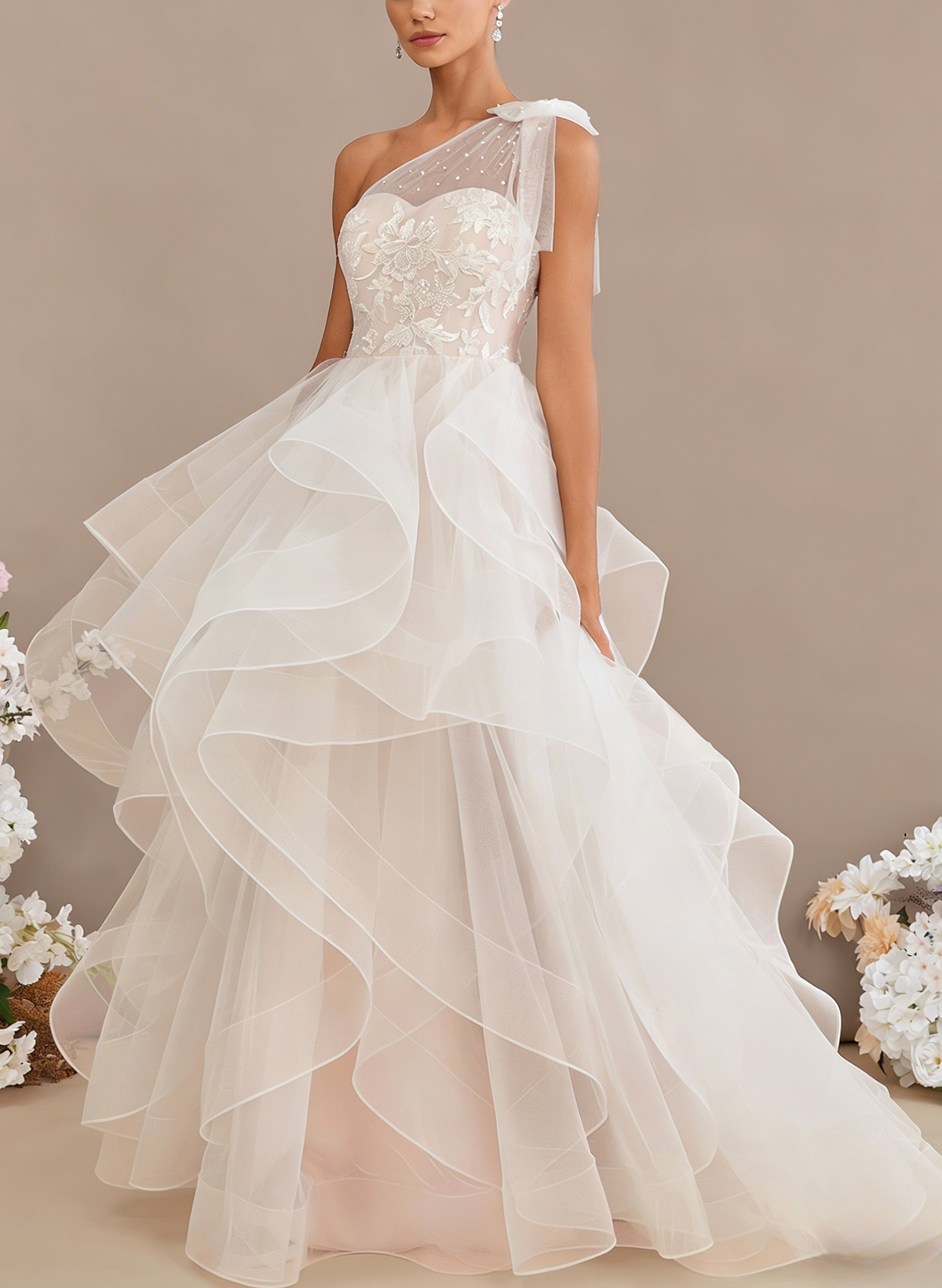 Ball-Gown One-Shoulder Sleeveless Sweep Train Lace/Satin With Beading Flower Bride Wedding Dress