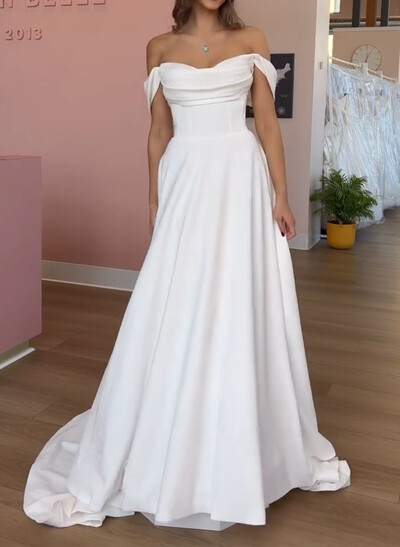 A-Line Off-The-Shoulder Sleeveless Court Train Crepe Satin Wedding Dresses