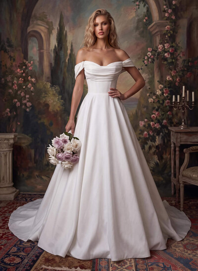 A-Line Off-The-Shoulder Sleeveless Court Train Crepe Satin Wedding Dresses